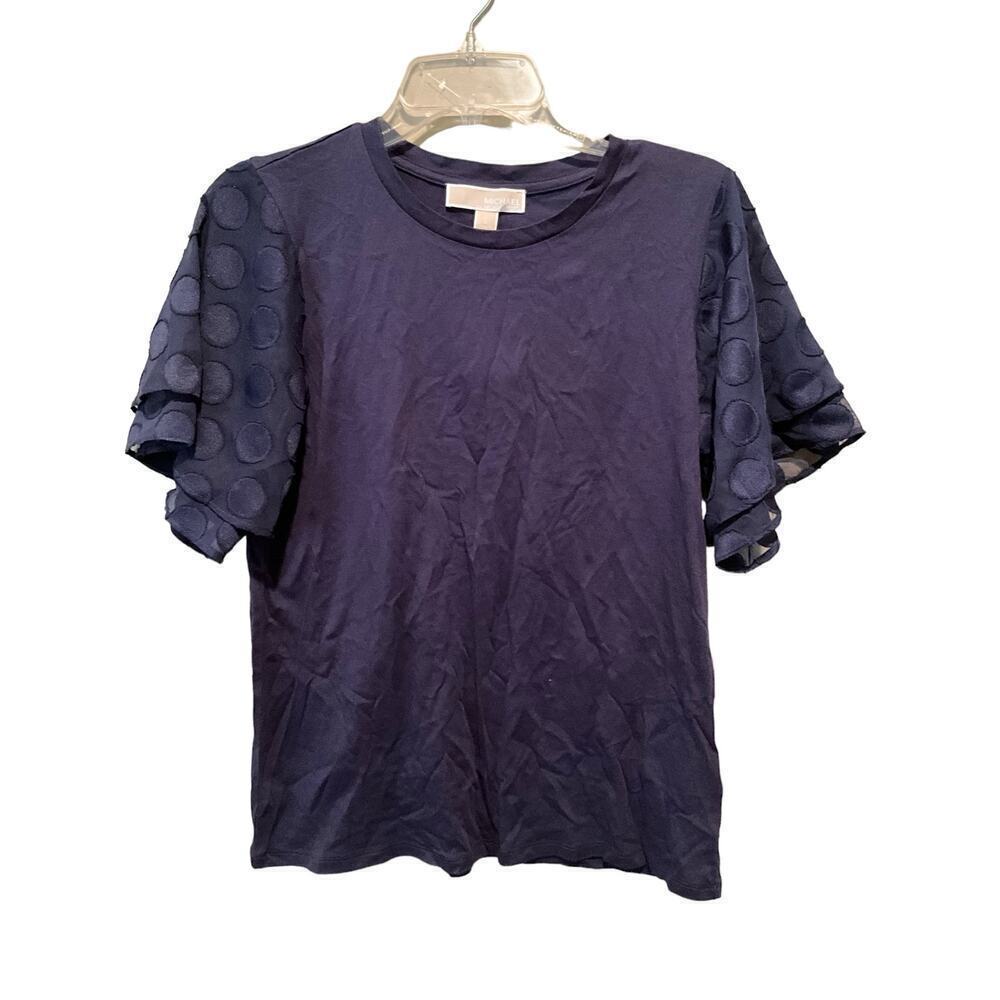 Michael Kors Blouse Top Women SZ L Blue Polka Dot Ruffle Short Sleeve Crew Neck
